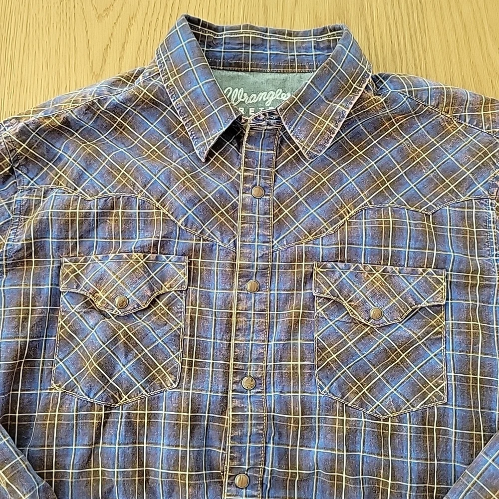Wrangler Retro Premium Shirt Mens Large Blue Plaid Western Pearl Snap Rodeo Rust